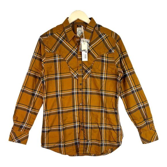 New Diesel Men US S Cowboy Shirt Brown Plaid Long Sleeve Snap Button Down - Picture 1 of 9